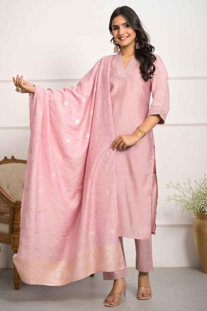 Ravishing Pink Embroidered Viscose Function Wear Pant Suit