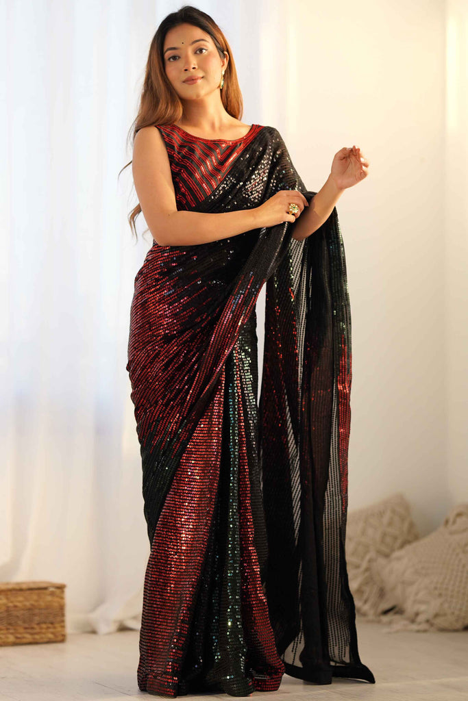 Alluring Black Sequins Work Georgette Cocktail Party Wear Saree