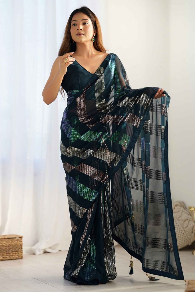 Incredible Teal Blue Sequins Work Georgette Party Wear Saree