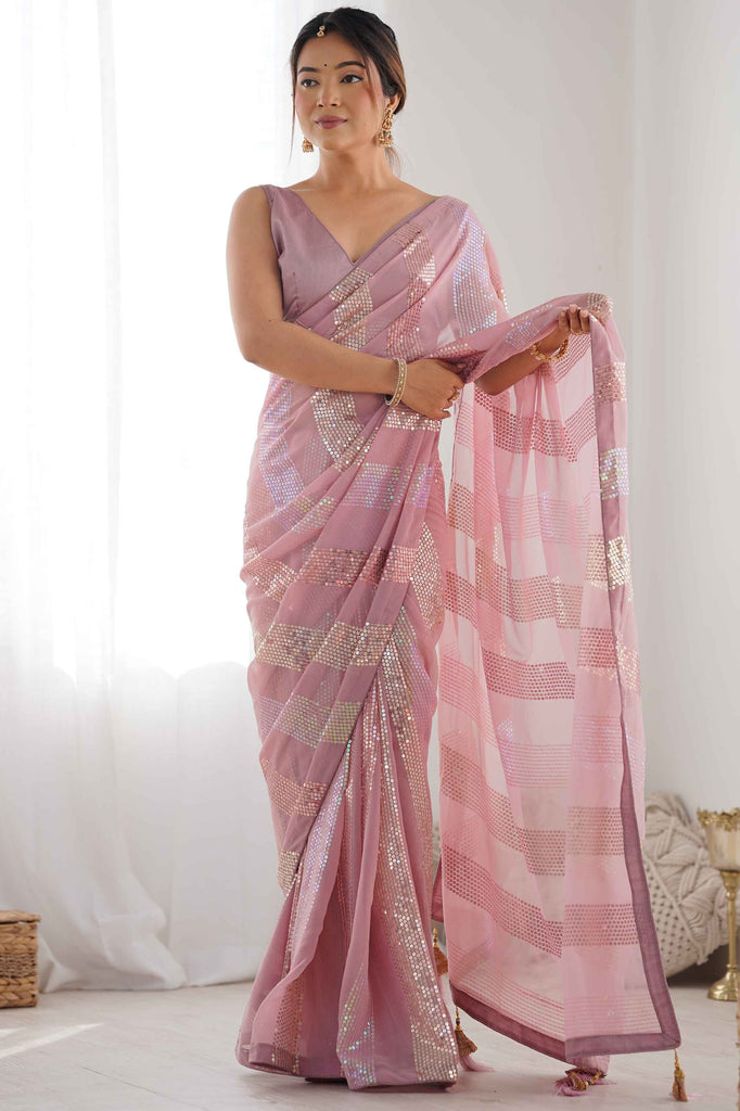 Winning Pink Sequins Work Georgette Reception Wear Saree