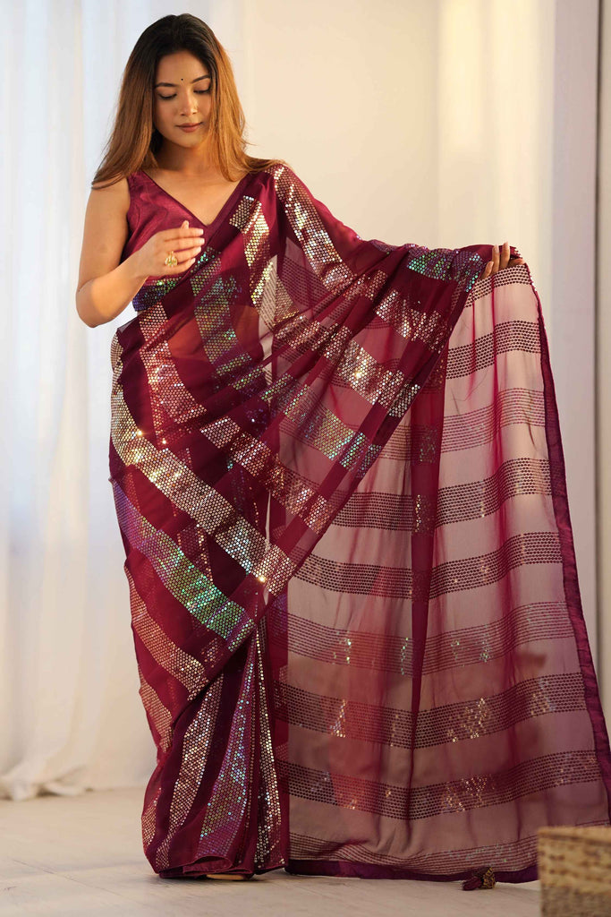 Tantalizing Maroon Sequins Work Georgette Ceremony Wear Saree