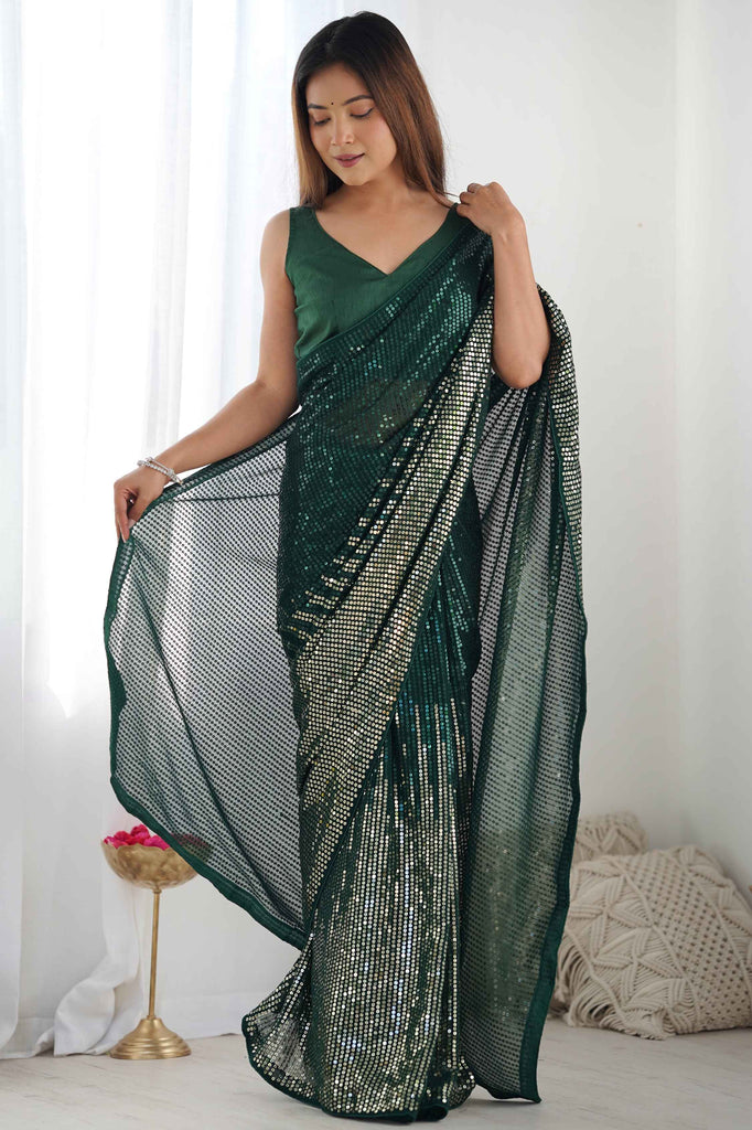 Breathtaking Green Sequins Work Georgette Event Wear Saree