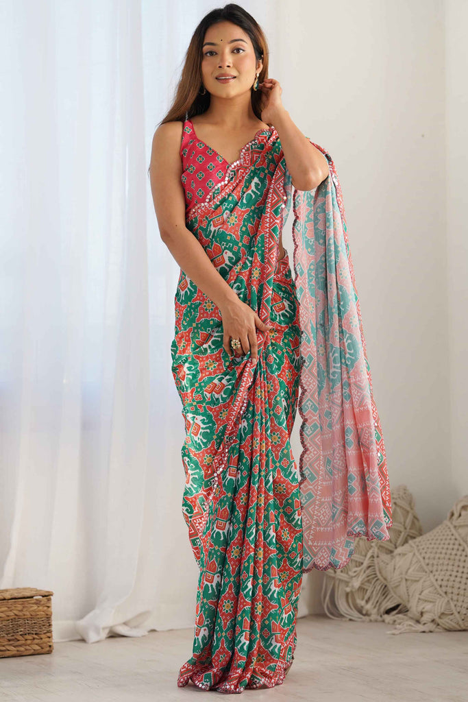 Ravishing Green Digital Printed Chinon Event Wear Saree With Blouse