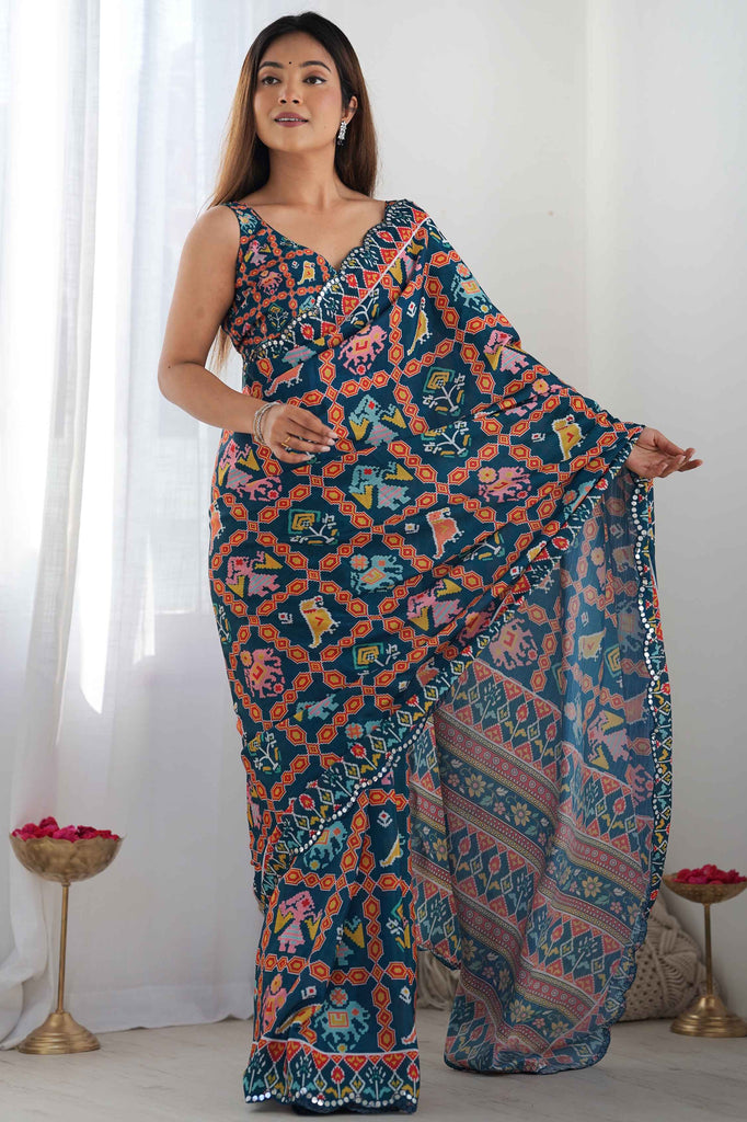 Dazzling Navy Blue Digital Printed Chinon Event Wear Saree With Blouse