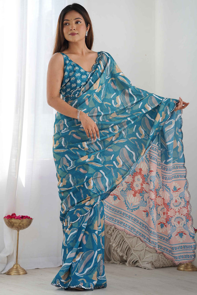 Flamboyant Teal Blue Digital Printed Chinon Festival Wear Saree