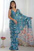 Flamboyant Teal Blue Digital Printed Chinon Festival Wear Saree