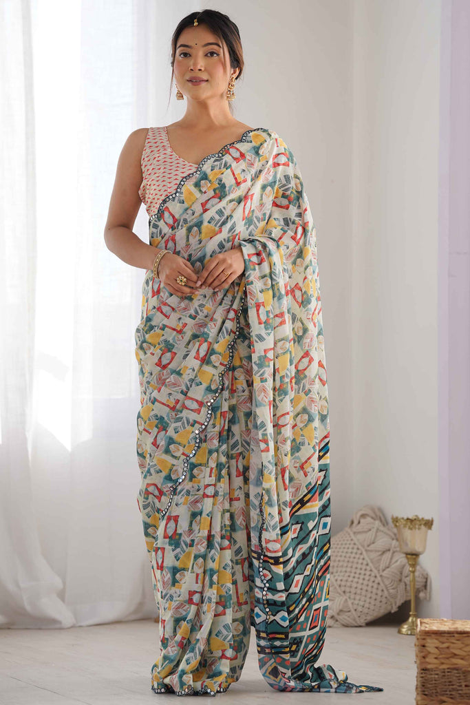 Ravishing Off-White Digital Printed Chinon Function Wear Saree