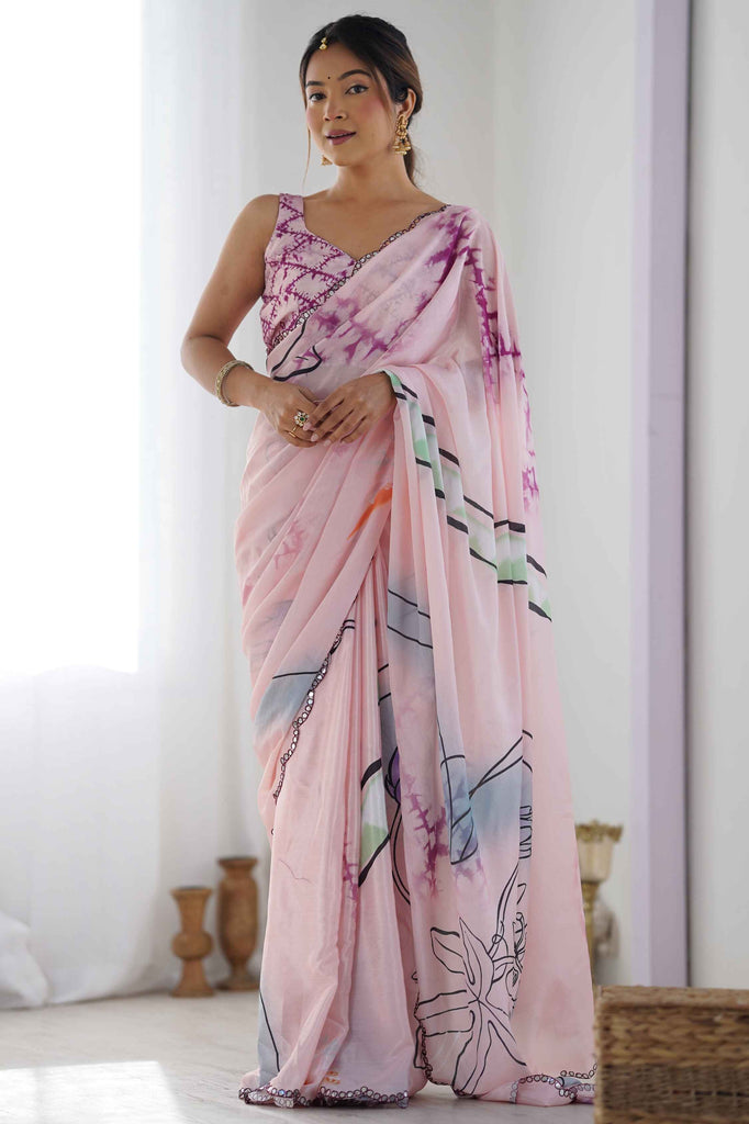 Surprising Pink Digital Printed Chinon Event Wear Saree With Blouse