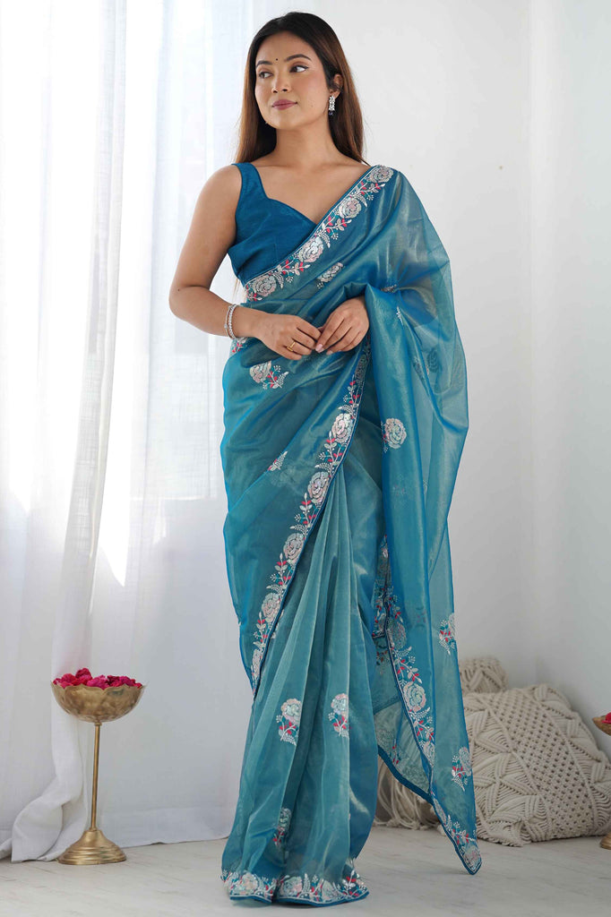 Beautiful Teal Blue Sequins Net Engagement Wear Saree With Blouse