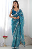 Beautiful Teal Blue Sequins Net Engagement Wear Saree With Blouse