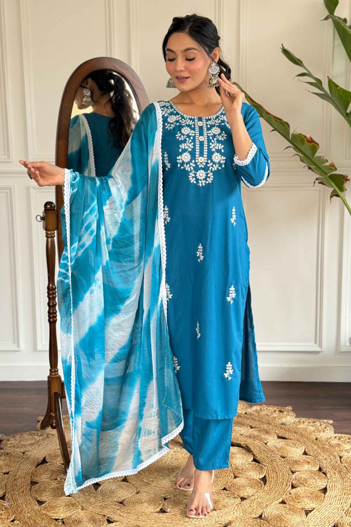 Beautiful Blue Embroidered Rayon Event Wear Pant Suit