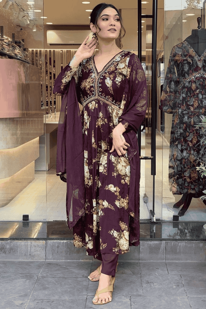 Stunning Wine Floral Printed Georgette Festival Wear Pant Suit