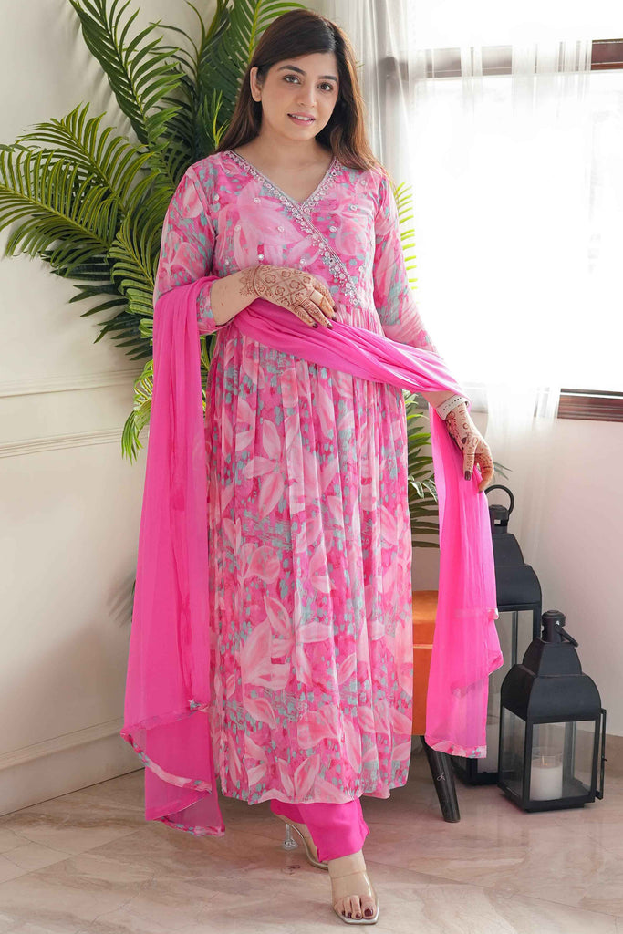 Awesome Pink Floral Printed Chinon Traditional Pant Suit