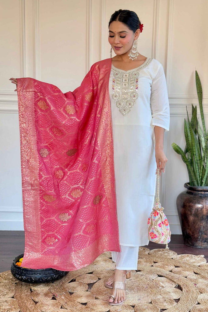 Incredible Off-White Embroidered Chanderi Festival Wear Pant Suit