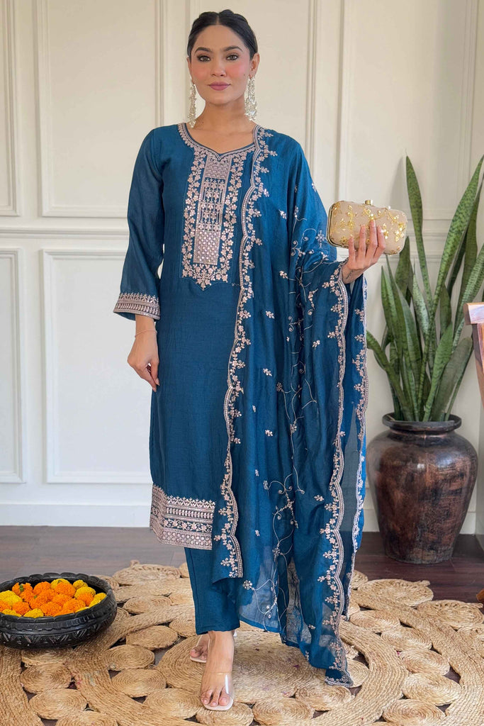 Winning Blue Embroidered Vichitra Silk Traditional Wear Pant Suit