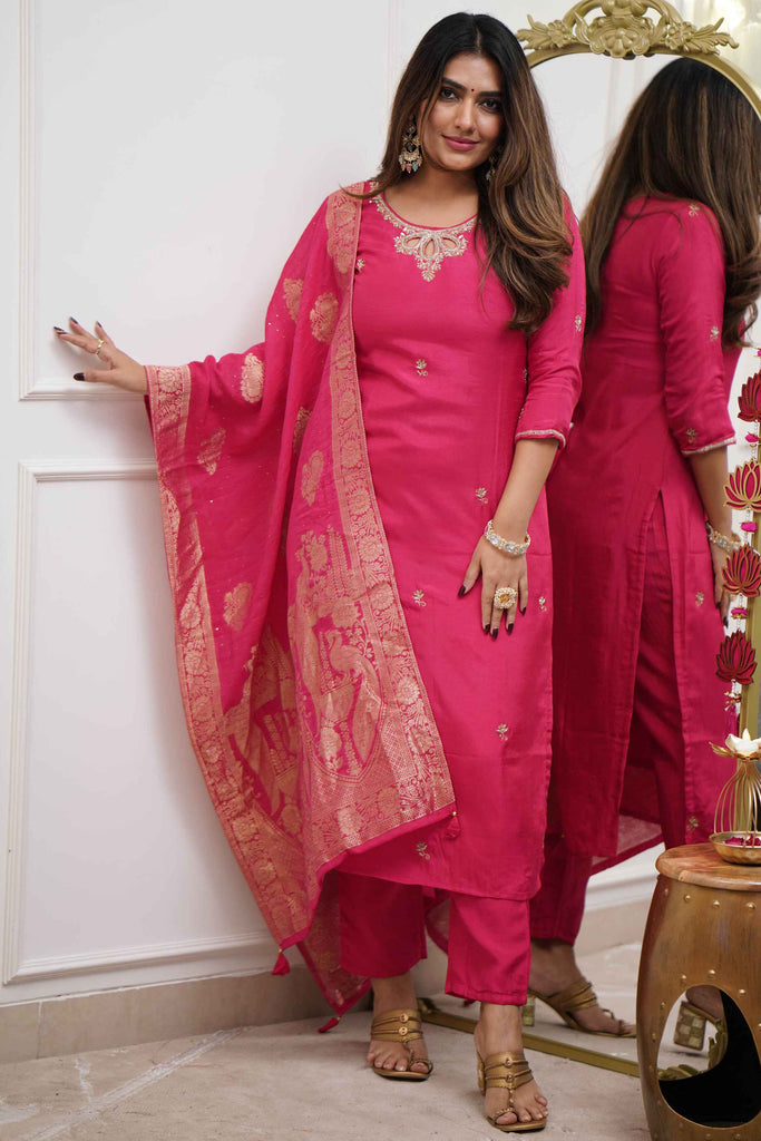 Beautiful Rani Pink Embroidered Viscose Festival Wear Pant Suit