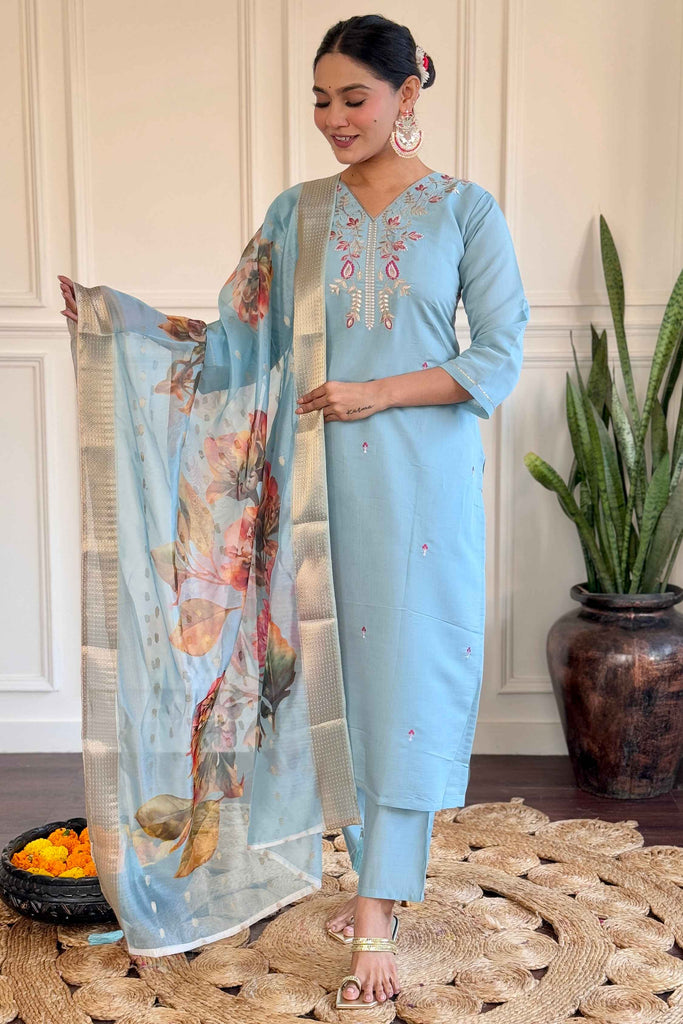 Stunning Sky-Blue Embroidered Viscose Function Wear Pant Suit