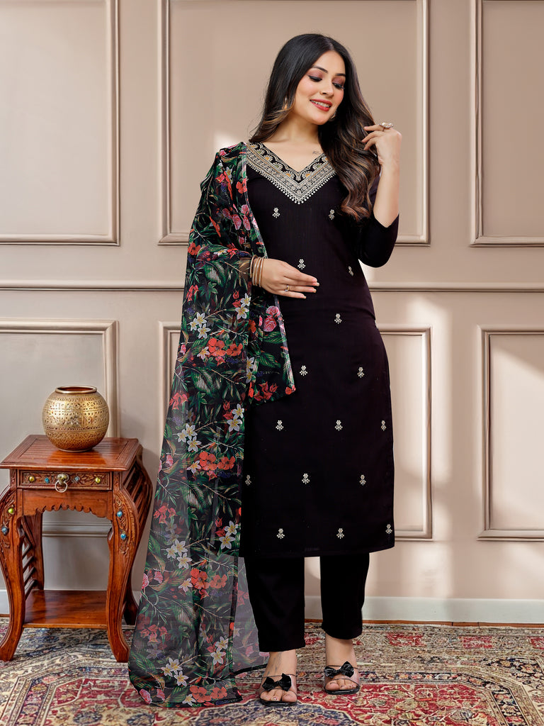 Alluring Black Embroidered Cotton Traditional Pant Suit