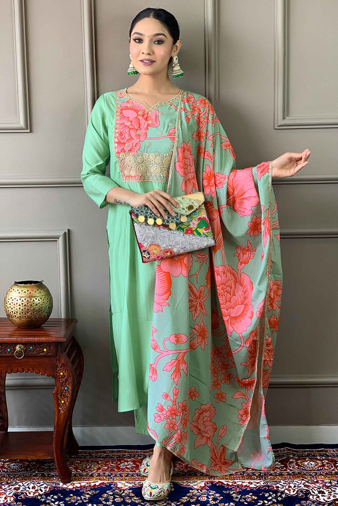 Fabulous Firozi Color Embroidered Viscose Event Wear Pant Suit