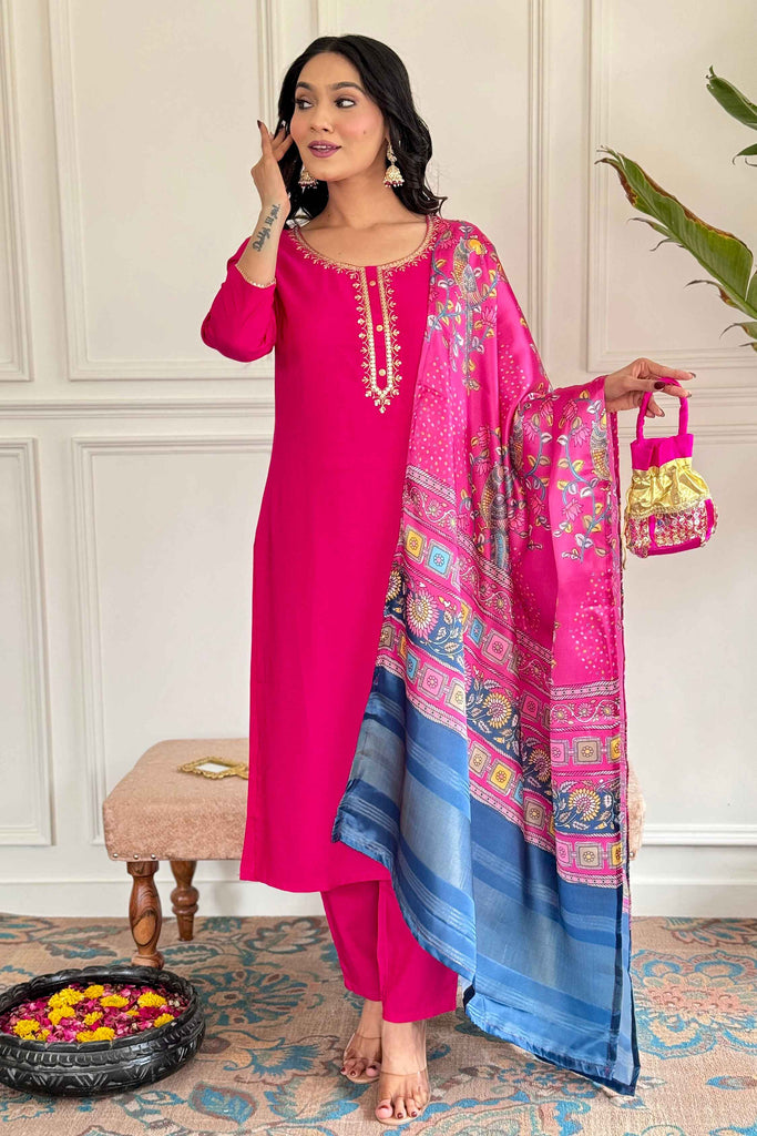 Captivating Rani Pink Embroidered Viscose Festival Wear Pant Suit