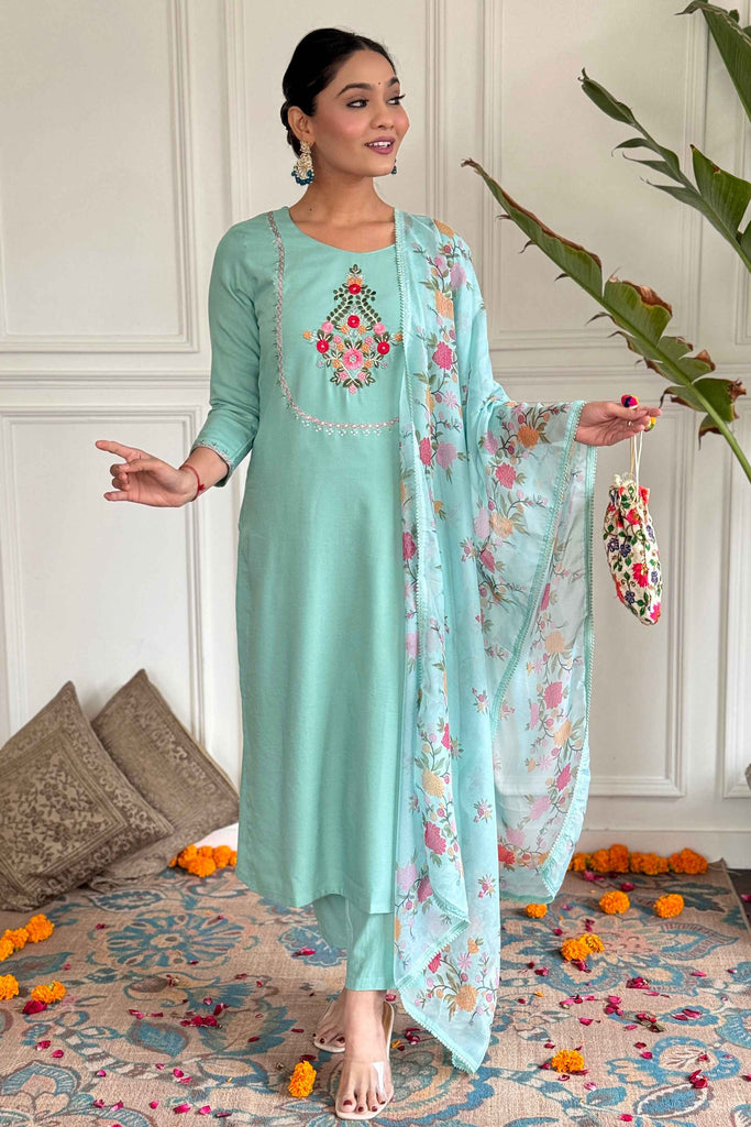 Precious Turquoise Color Embroidered Rayon Event Wear Pant Suit