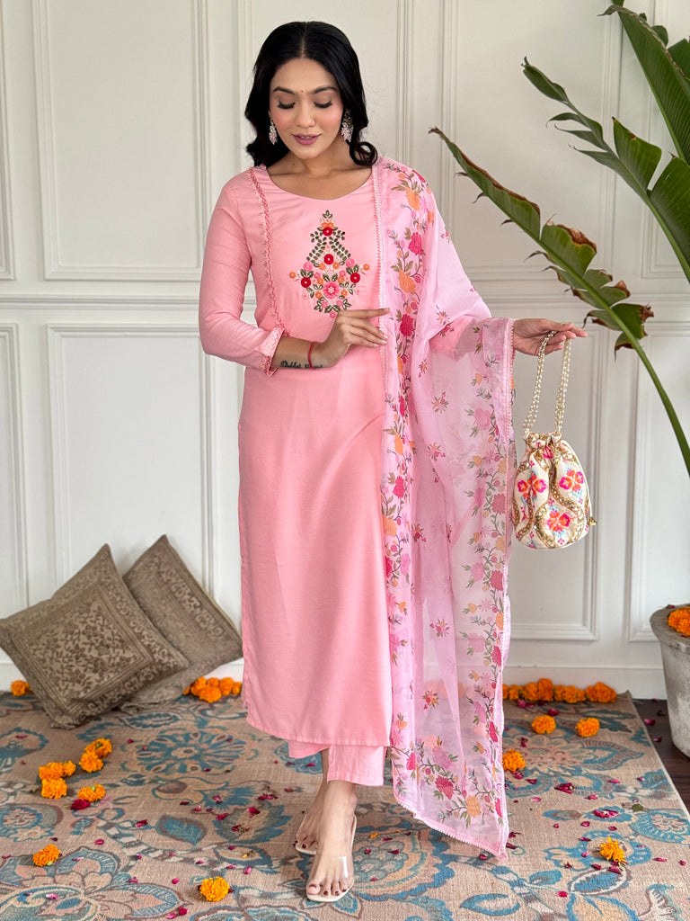 Winning Peach Embroidered Rayon Festival Wear Pant Suit