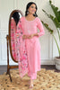 Impressive Pink Embroidered Rayon Function Wear Pant Suit