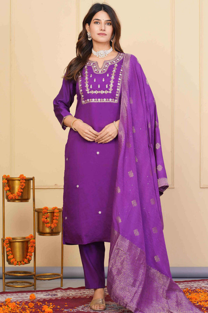 Marvelous Purple Embroidered Viscose Pant Suit With Dupatta