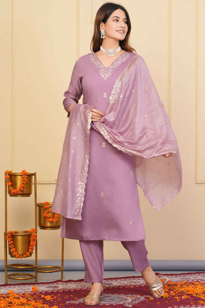 Flashy Lavender Embroidered Viscose Event Wear Pant Suit With Dupatta