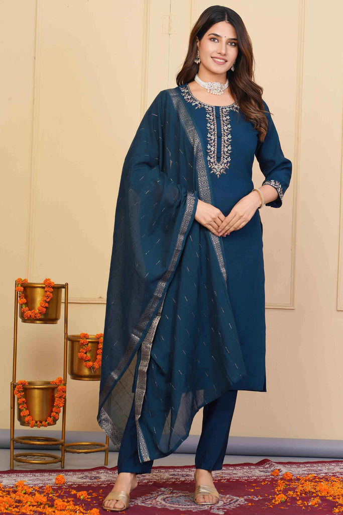 Tantalizing Teal Blue Embroidered Viscose Pant Suit With Dupatta