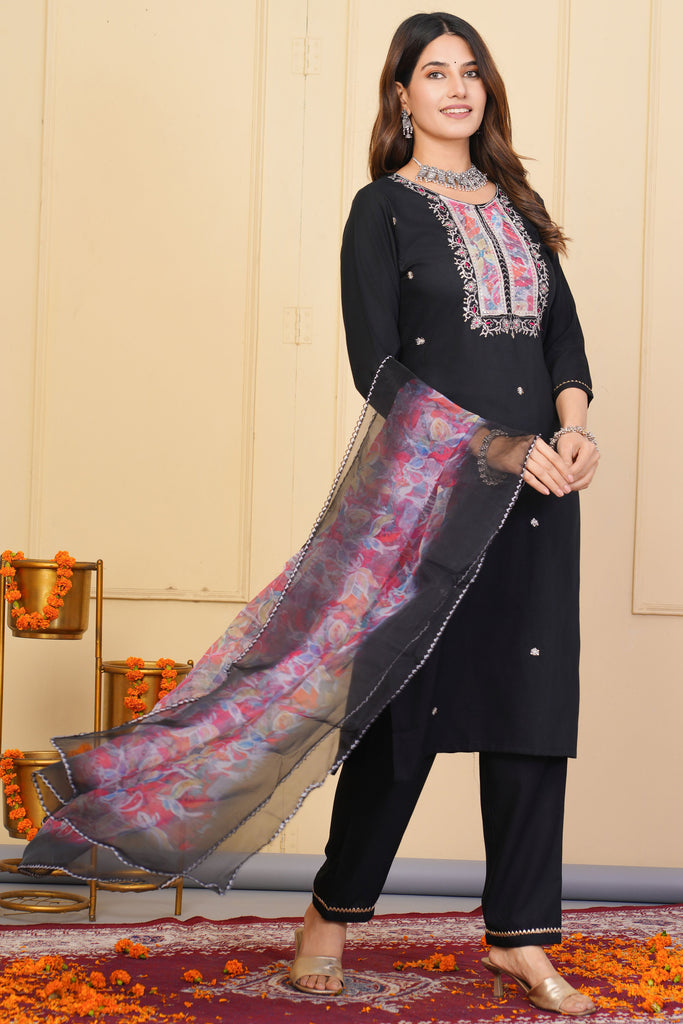 Stunning Black Embroidered Rayon Pant Suit With Dupatta