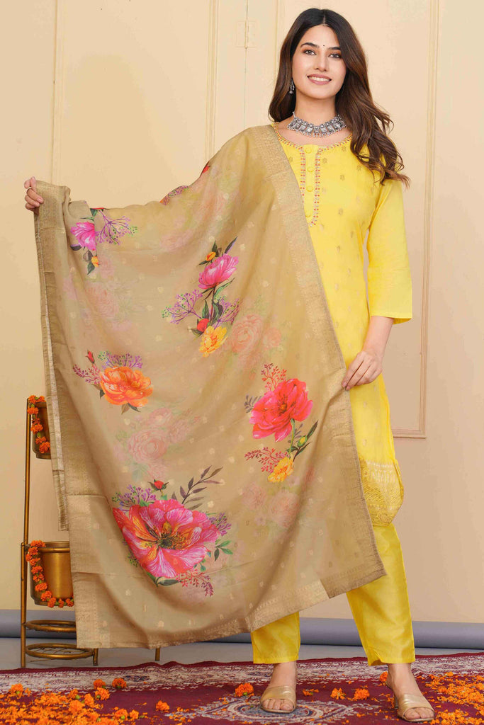 Ravishing Yellow Embroidered Viscose Haldi Wear Pant Suit With Dupatta