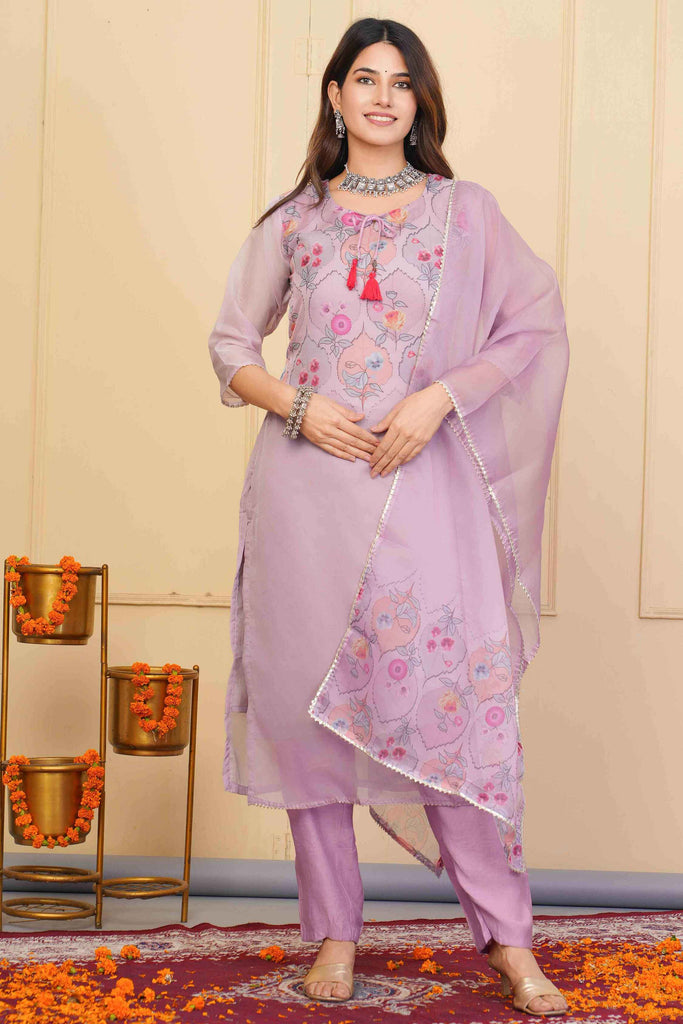 Pretty Purple Floral Printed Organza Pant Suit With Dupatta