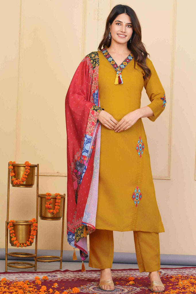 Delightful Mustard Embroidered Viscose Pant Suit With Dupatta