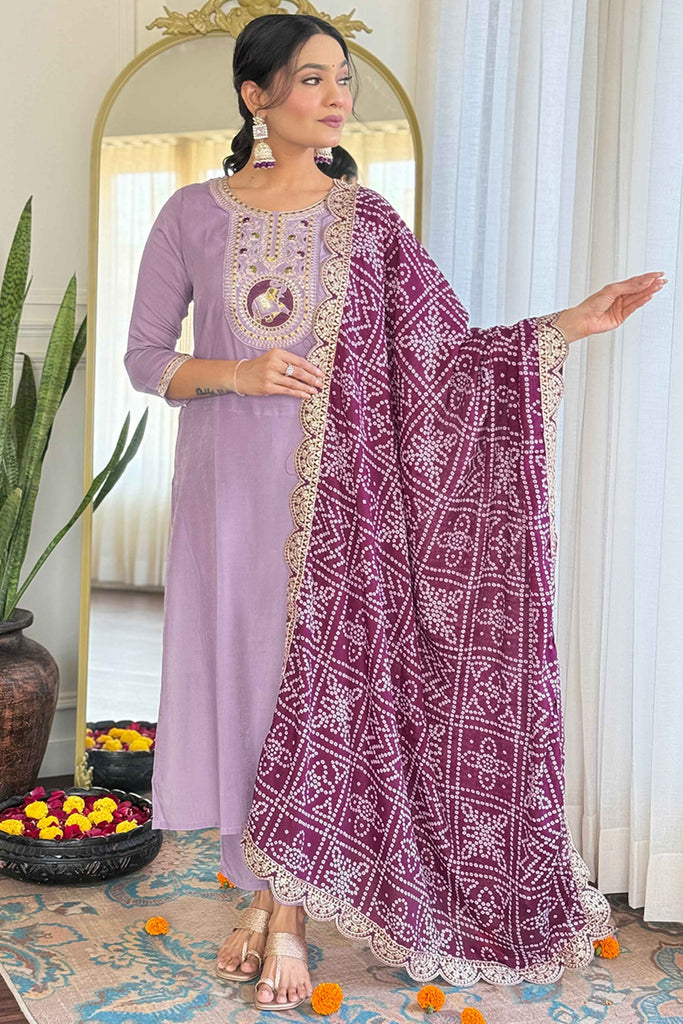 Beautiful Lavender Embroidered Viscose Function Wear Pant Suit