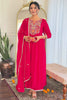 Tantalizing Red Embroidered Viscose Event Wear Pant Suit With Dupatta