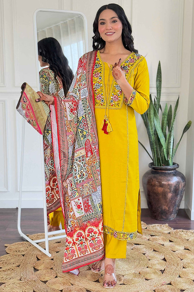 Bewitching Mustard Color Embroidered Viscose Haldi Wear Pant Suit