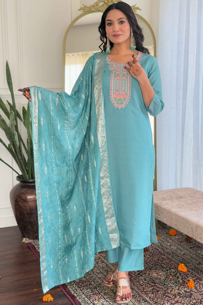 Winning Sky-Blue Embroidered Chanderi Traditional Pant Suit