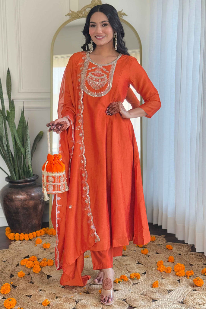 Marvelous Orange Embroidered Vichitra Silk Festival Wear Pant Suit