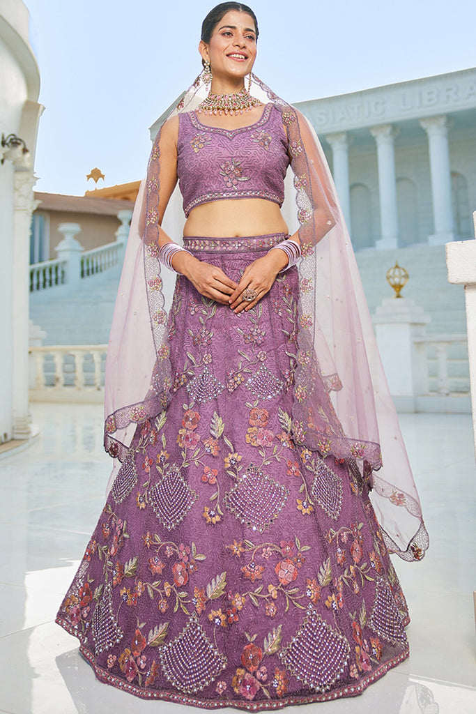 Delightful Purple Embroidered Net Wedding Lehenga Choli With Dupatta