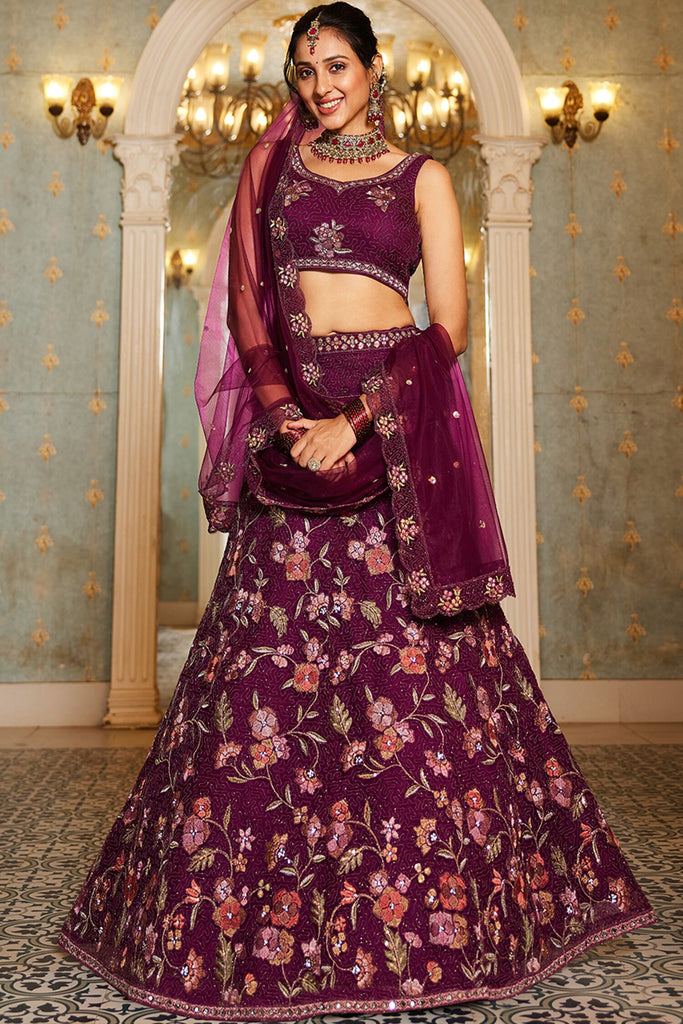 Lovable Burgundy Embroidered Net Reception Wear Lehenga Choli