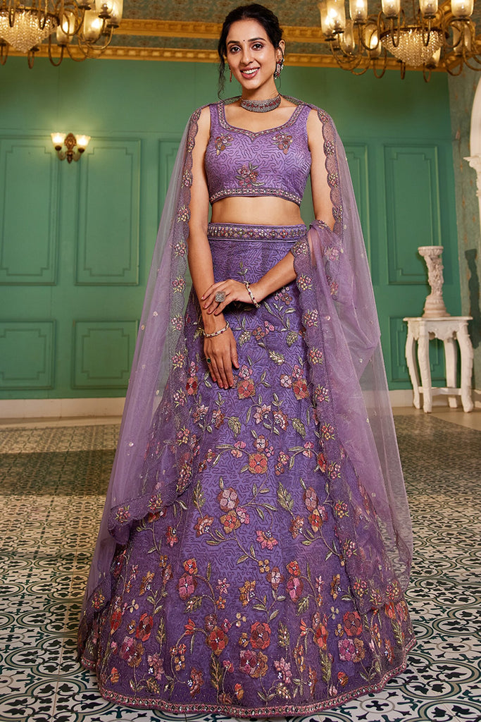 Astonishing Lavender Embroidered Net Lehenga Choli With Dupatta