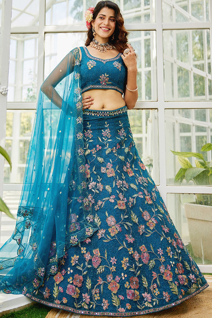 Incredible Blue Embroidered Net Bridesmaid Lehenga Choli With Dupatta