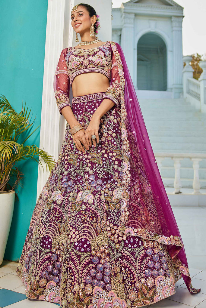 Attractive Burgundy Thread Work Net Bridesmaid Lehenga Choli