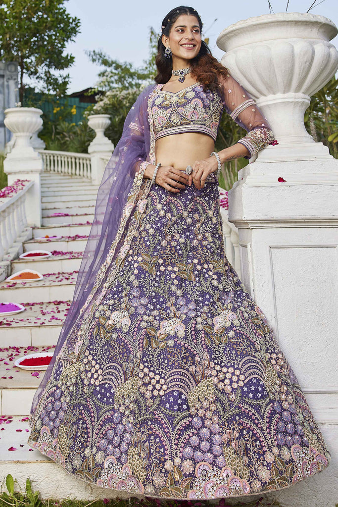 Fabulous Purple Embroidered Net Engagement Wear Lehenga Choli