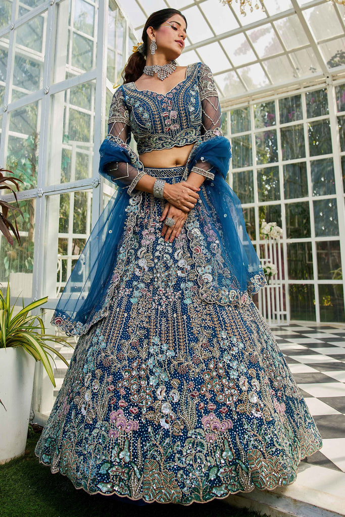 Outstanding Blue Sequins Net Bridesmaid Lehenga Choli With Dupatta