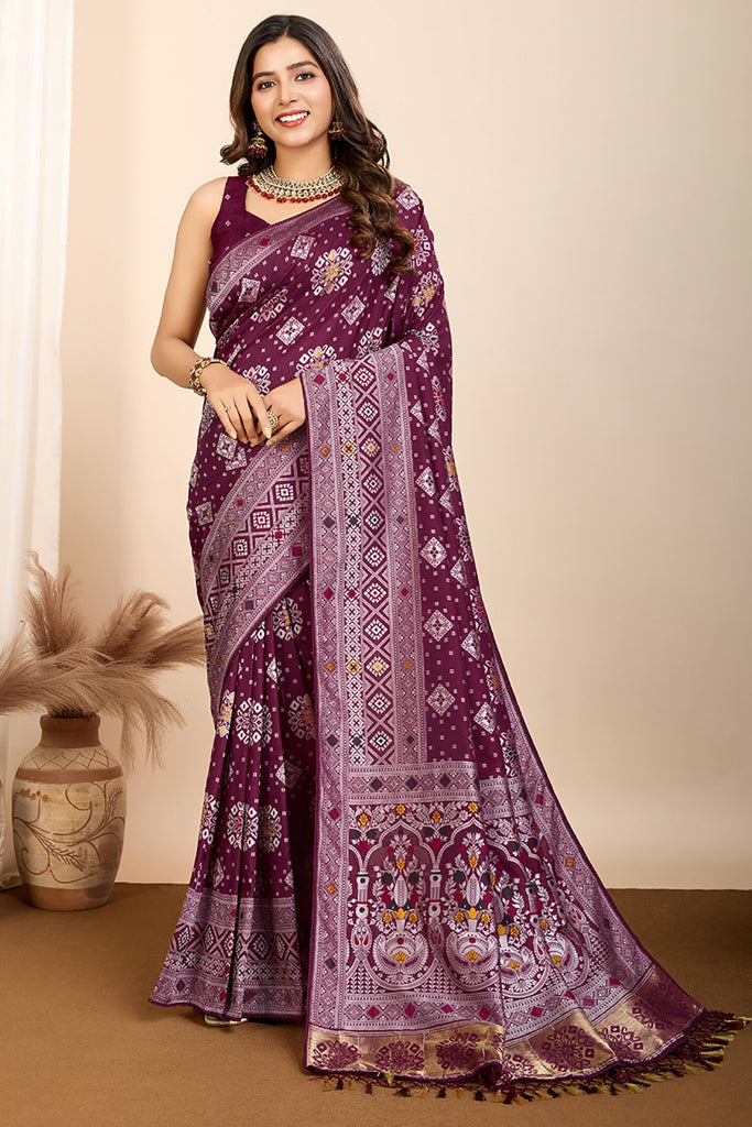 Tantalizing Wine Zari Weaving Silk Festival Wear Saree With Blouse