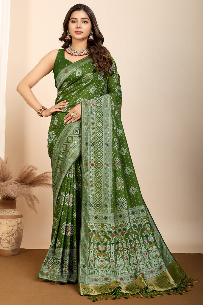 Lovely Olive Green Zari Weaving Silk Mehendi Wear Saree With Blouse