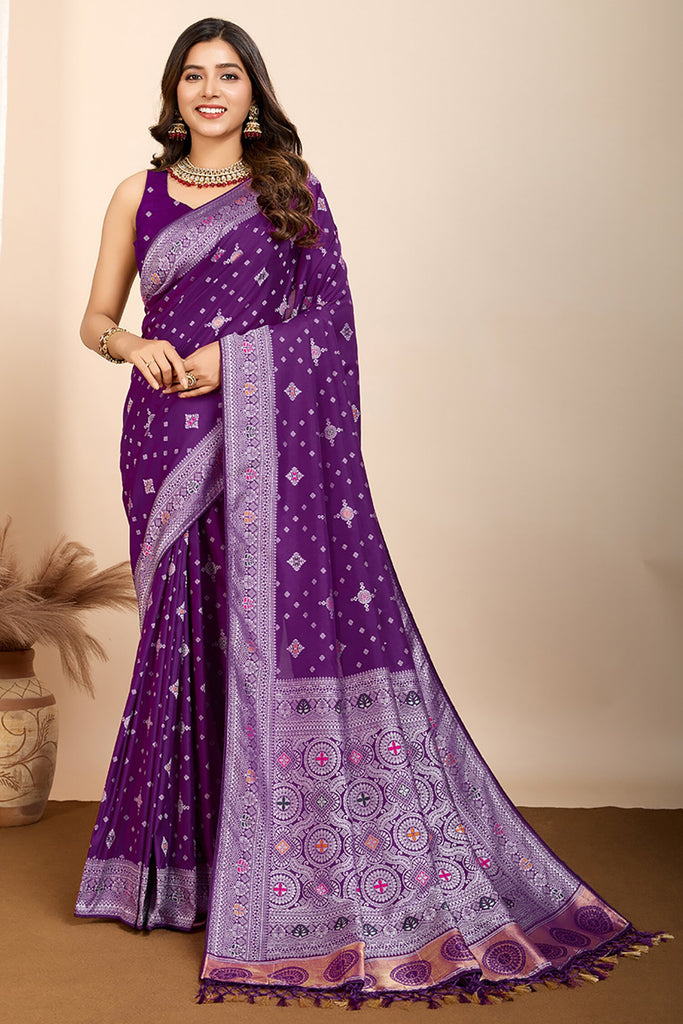 Alluring Purple Zari Weaving Silk Event Wear Saree With Blouse