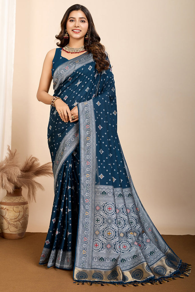 Glamorous Teal Blue Zari Weaving Silk Festival Wear Saree With Blouse